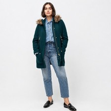 J.Crew Chateau Parka Italian Stadium Cloth Wool Coat Green 00 Faux Fur Hood picture