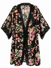 NWT iCollection Front Tie Satin Print Robe Lace Trim Sz 2X Black Floral Kimono picture