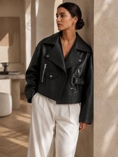 NWT NANUSHKA ADO BLACK OVERSIZED CROPPED FAUX LEATHER JACKET - L picture