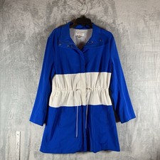 St. John Women's Rain Jacket L Nylon Drawstring Zip Up Blue White Coat Nautical picture