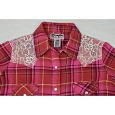 Vintage Y2K Wrangler Wrancher Pearl Snap Western Shirt Size XS Pink Flannel Lace picture