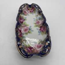 VTG Possibly German Porcelain Rose Moriage Gold Encrusted Cobalt Tray picture