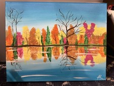 Hand-Painted Impressionist Landscape Trees Lake Canvas Painting Signed Small picture