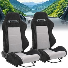 Universal Reclinable Racing Seats Dual Slider Suede Black White Plaid -Pair picture