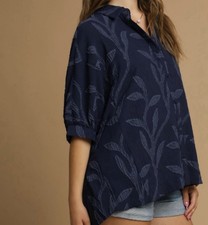Umgee Large Oversized Navy Leaf Jacquard Button Front Blouse Boho Coastal NWT picture