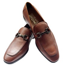 Ferragamo REE Brown Pebbled Calf Leather Dress Gancini Loafers Men's Casual picture