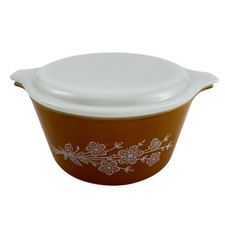 Pyrex Vintage 473 Butterfly Gold 1 Quart Round Casserole Dish w/ Pyrex White Lid picture