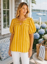 Talbots Women's Petite Yellow Embroidered Cotton Blouse  Puff Sleeve Tie SP picture