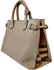Burberry Medium Banner Bag House Check Leather Tote Handbag Camel Sand Beige Tan picture