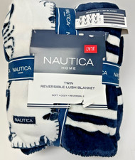 Nautica Home Twin Reversible Lush Blanket Navy Deer Stripe Soft Plush New picture