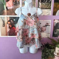 Cassee's Sparkly Blue Floral Tiered Ruffle Cami Tank Top 2X Plus Size picture