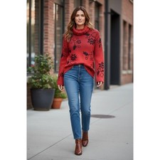 Caamaño Red 100% Baby Alpaca Floral Turtleneck Sweater XL Cottagecore picture