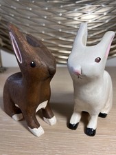 VTG Hand Carved Wooden Rabbits Folk Art By Ted Nichols Easter 1991 Brown White  picture