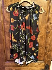 Loveu. Dear Women's Sleeveless Swing Blouse, Black Floral Ruffle Neck Size2XL picture