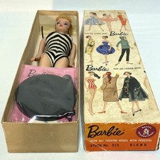 Vintage Barbie #3  #4 Blonde Ponytail Doll Zebra Swimsuit Pedestal Stand Box picture