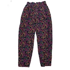 Vtg 90s Cherokee Black Floral Corduroy Pants Size 14 28x30 Tapered High Waist picture