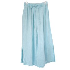 Tempo Paris Womens Wide Leg Crop Linen Pants Blue Boho Lagenlook Medium Sky Teal picture