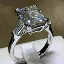 3CT Emerald-Cut Lab Created 3-Stone Women Engagement Ring 14K White Gold Plated picture