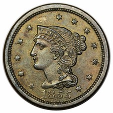 1855 Braided Hair Large Cent, Slanted 55, N-10, 12 Star Obverse picture