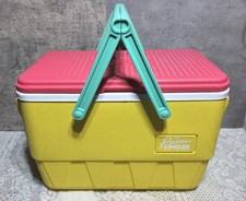 Vintage 90s Igloo Picnic Basket Cooler 25 QT Yellow Pink Teal Retro Beach 1992 picture