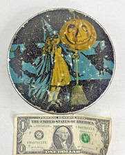 Vintage 1930s Tindeco Halloween Candy Tin Masked Witch Jack-O-Lantern Pumpkin 6” picture