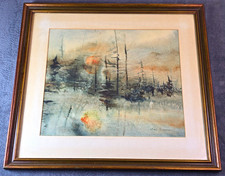 Original Teal Dennen Mid Century Abstract Landscape Watercolor Painting Sign NWS picture
