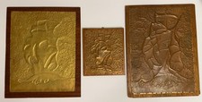 MCM Metal Repousse Ship Plaques Triptych Set Signed Jerry Young Brass Copper VTG picture
