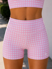 Sculve Women's Pink Gingham High Waisted Fitted Workout Shorts Size S picture