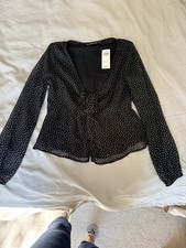 Abercrombie & Fitch Women’s Blouse Black White Polka Dot Tie Front Bow V-Neck XS picture