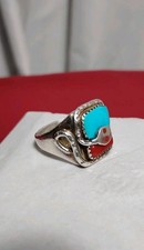 Effie Calavaza Zuni Sterling AG Turquoise &  Coral Men's Snake Ring 11, 12.1g picture