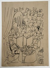 Ludwig Bemelmans (Handmade) Drawing On Old Paper Signed & Stamped, vtg art picture