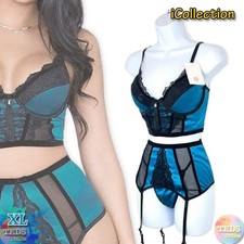iCollection Women's XL Underwire Padded Bra 3-Pc. Satin Lingerie Set 7736, Teal picture