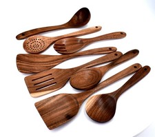 Zulay Kitchen Teak Wood Kitchen Utensils Set,8 Piece Set,Hanging Holes picture