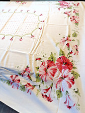 TABLECLOTH  58”x54” EUC PINK MORNING GLORIES VTG. TRUE COTTON NO STAINS NO HOLES picture