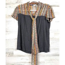 Tiny By Anthropologie Womens XS Gray Yellow Boho Tie Neck Sheer Blouse Top picture