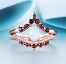 2.89ct Pear Lab Created Opal & Garnet Elegant Wedding Bridal Ring Set 925 Silver picture