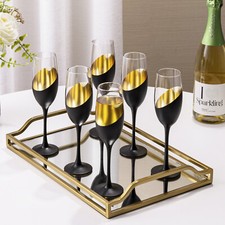 Matte Black & Gold Plated Design 8 oz Stemmed Champagne Flute Glasses, Set of 6 picture
