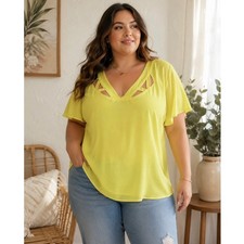 Torrid Georgette Cage Front Blouse Lemon Tonic Yellow Flutter Sleeve Plus 0X NWT picture