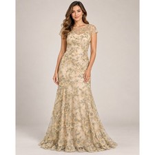 Adrianna Papell Floral Embroidered Gown Champagne Gold Silver Size 8 AP1E211756 picture