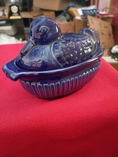 Vintage Resting Duck on a Nest Covered Blue Dish RARE picture