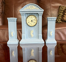 Vintage Wedgwood Blue/Gold Ceramic Mantel Clock Set w/ 2 Candlesticks picture