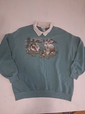 VTG Made Granny Bunny Rabbit Graphic Sweatshirt Crewneck 90s Teal Mock Neck XL  picture