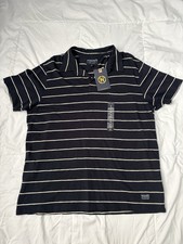 Nautica Men’s Polo Shirt Navy Blue, Cream Striped Short Sleeves Size Large picture