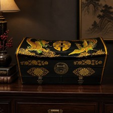 Vtg Chinese/Asian Leather Covered Wooden Traveler/Pillow Box Dragon~Phoenix 12