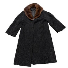 1950s Persian Lamb & Mink Collar Coat Black Curly Fur Lined Swing Jacket M/L picture