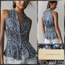 Anthroplogie Pilcro Linden Sleeveless Pleated Blouse Blue Floral Large NWT $108 picture