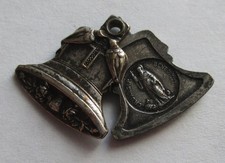 5/8in VINTAGE SAINT BENEDICT SLIDE MEDAL LOCKET CHARM BELL DOVE ROSE SILVER picture