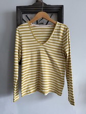 Boden Yellow & White Striped Breton Top Size 14 | Cotton Long Sleeve V Neck picture