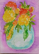 aceo original art Watercolor Painting Of Mums In A Vase picture