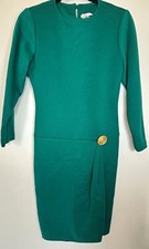 Vtg 80s Sunshine Starshine Green Sheath Dress Draped Gold Button Retro Business picture